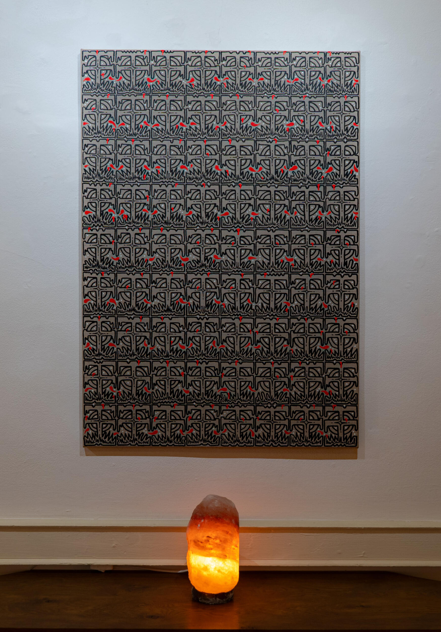 'XXIV-009-8X9Y' Acrylic and Oil on Linen, 70cm x 100xm (Installed with Salt Lamp)